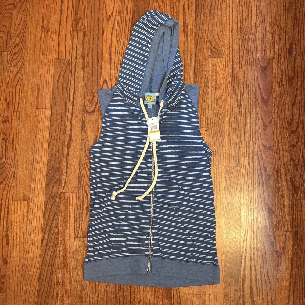 C & C CALIFORNIA NWT Size S Blue & White Striped Sleeveless Hoodie